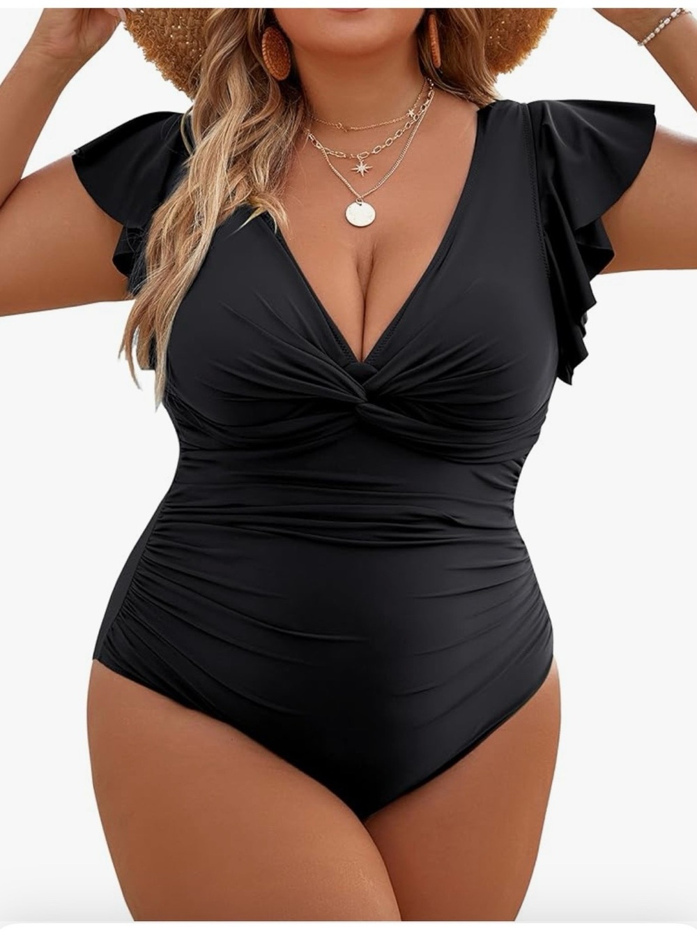 Black Twist-Front One-Piece Swimsuit with Flutter Sleeves